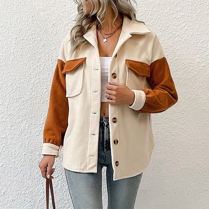 Dam Oversized Skjorta Jacka med Contrasting Ärmar och Lapp Breast Fickor