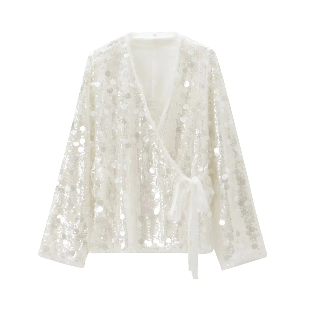 Dam 1900+ Wrap Blouson Jacka med Stora Sequins och Satin Ribbon