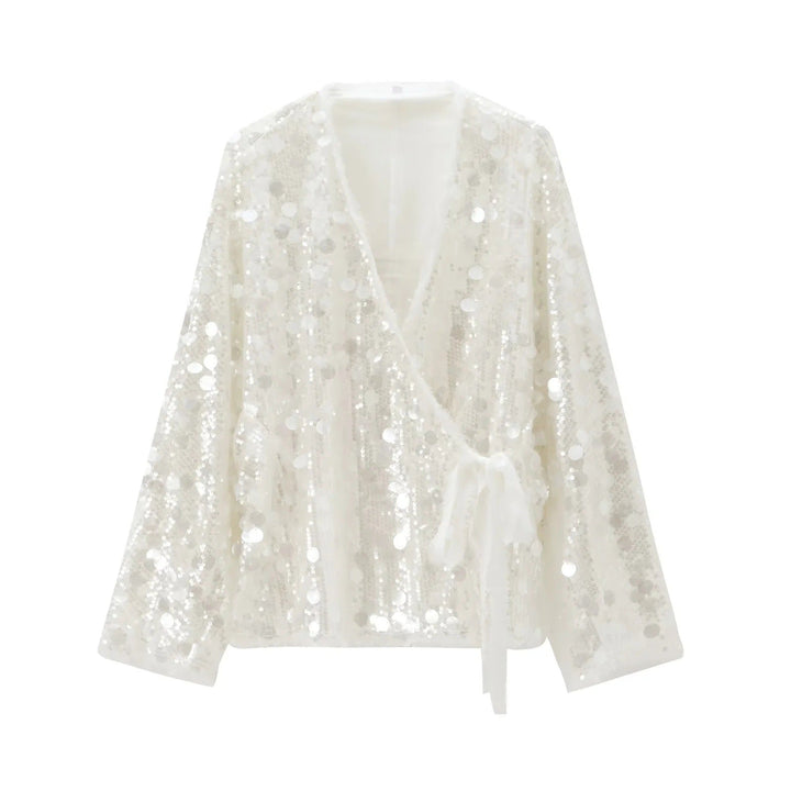 Dam 1900+ Wrap Blouson Jacka med Stora Sequins och Satin Ribbon
