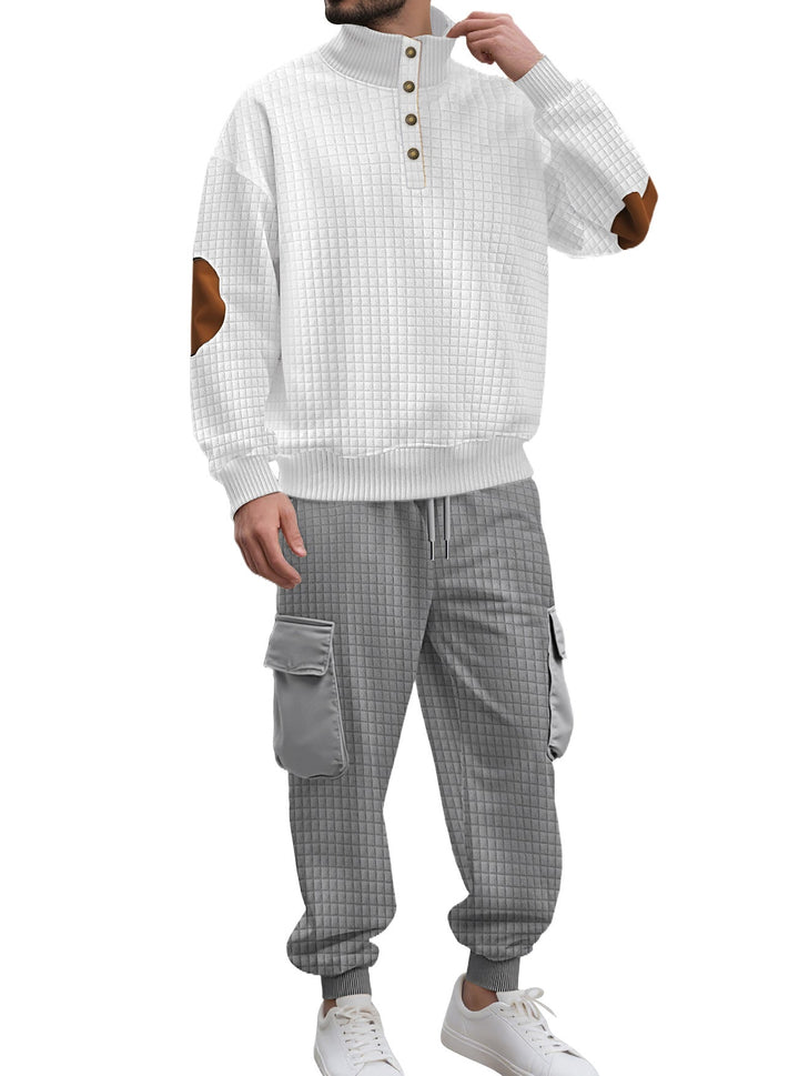 Herr Check Relief Sweat Set med Ståkrage Knapplist, Velour Elbow Lappar och Cargo Jogger