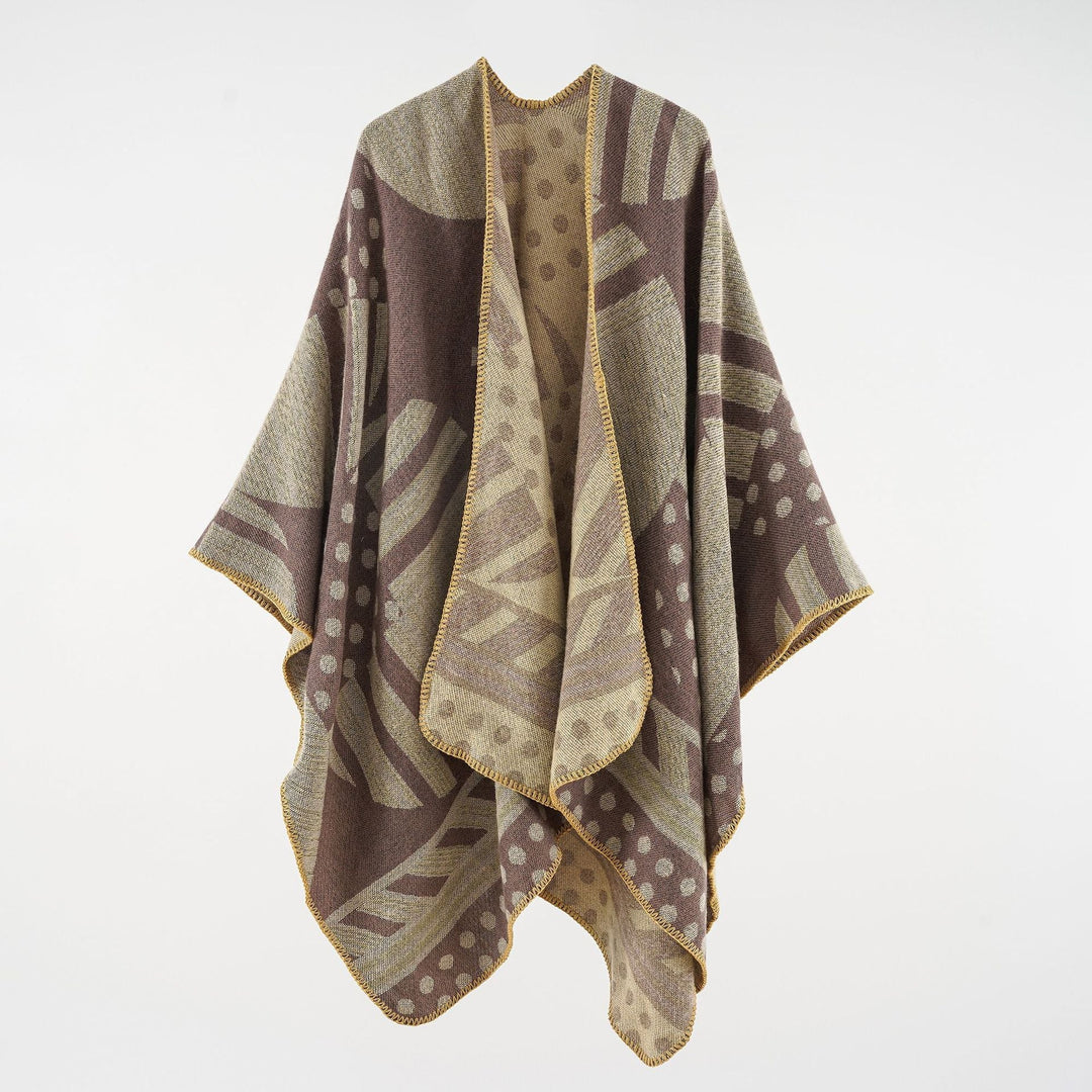 Dam Jacquard Ruana med graphic mönster och overlock edge