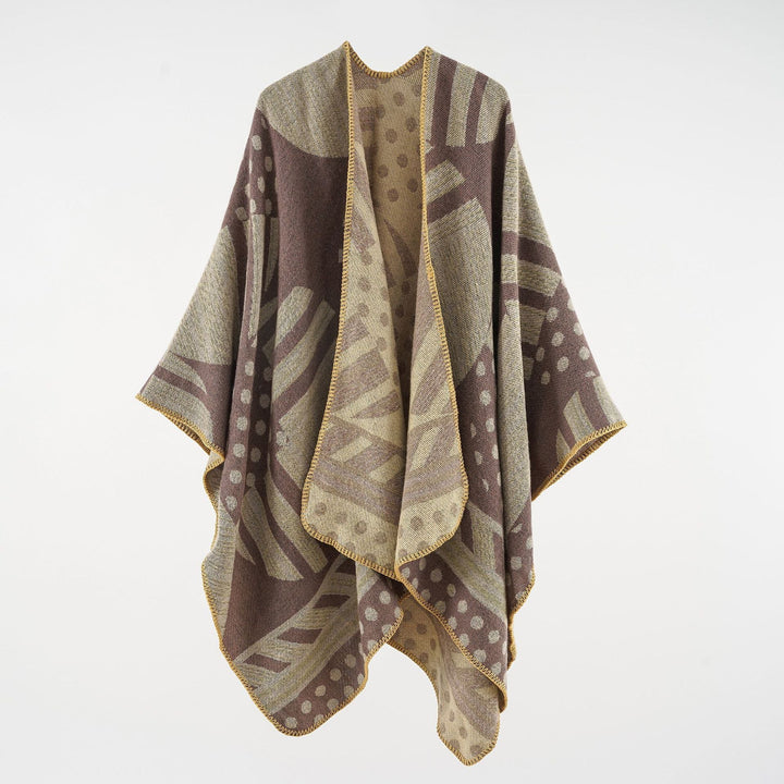 Dam Jacquard Ruana med graphic mönster och overlock edge
