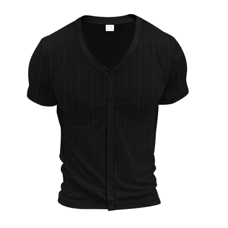 Herr Kort-Ärm Fin Stickad Cardigan med V-ringad och Continuous Knapplist