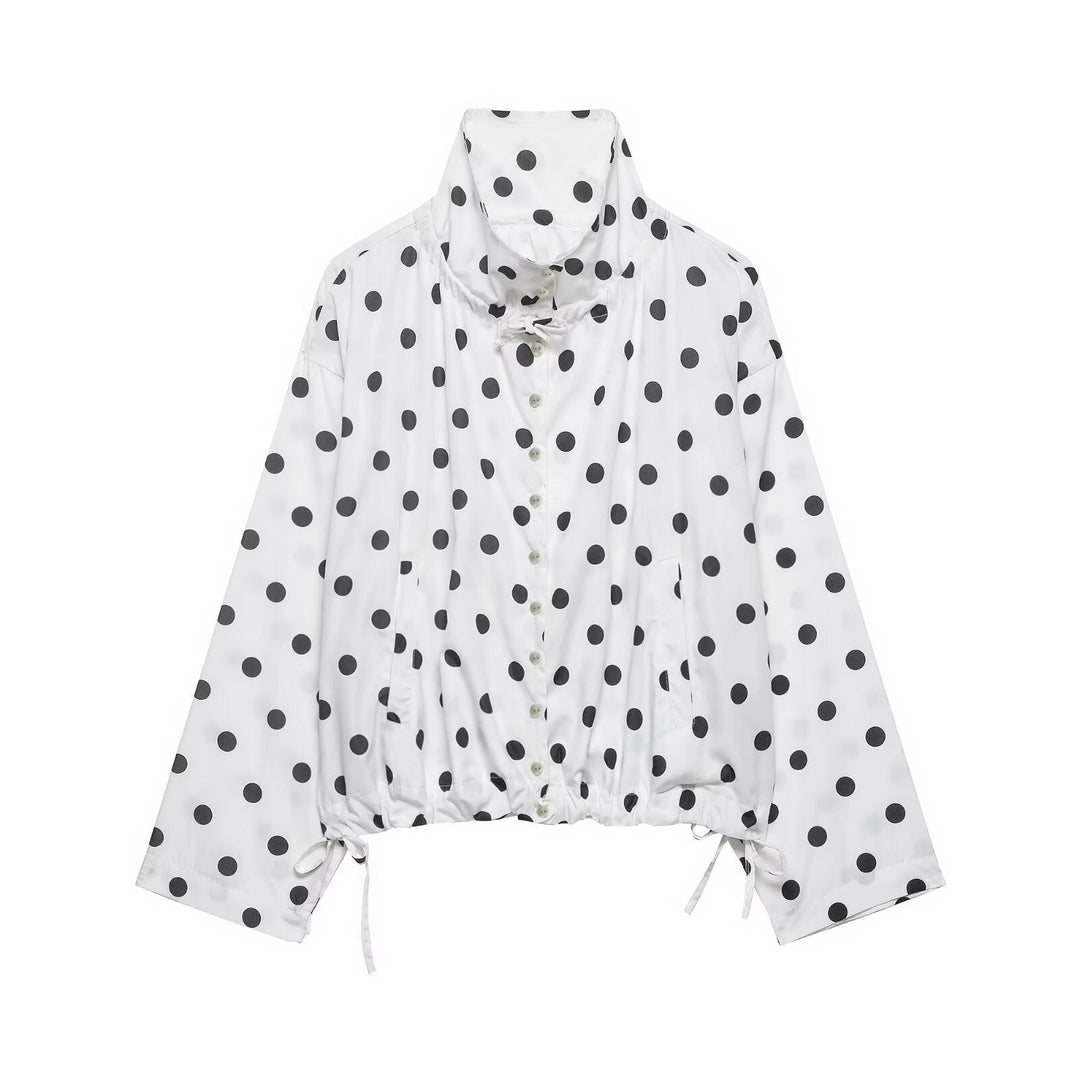 Dam kort jacka in rain parka stil med ståkrage, dragsko och polka dot tryck