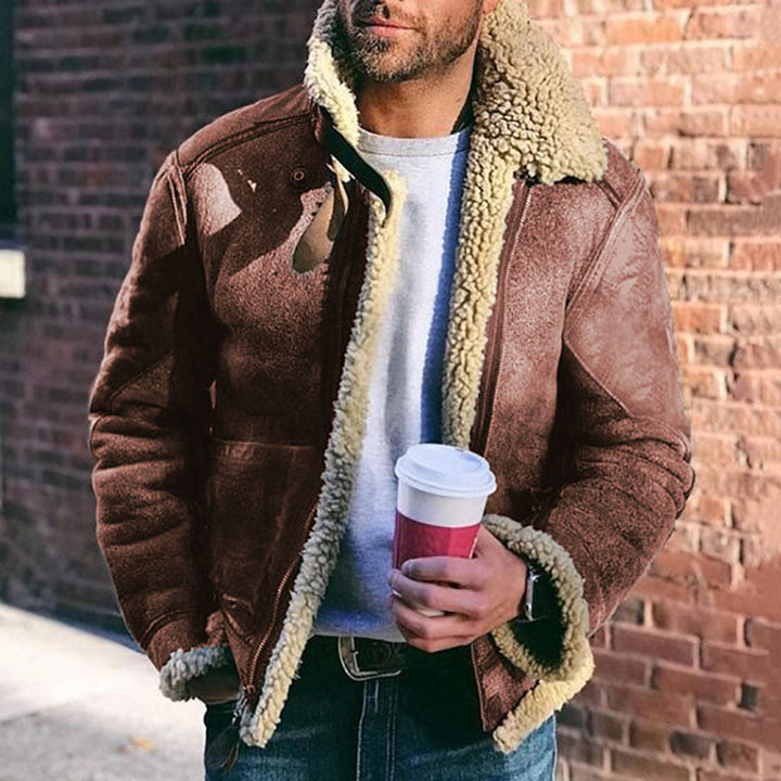 Herr Short Jacka i Vintage Shearling Stil med Dragkedja och Teddyfoder