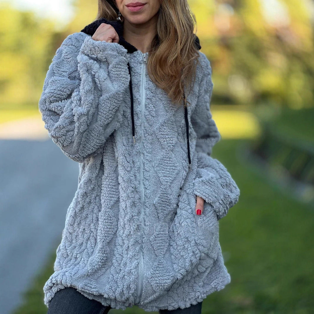 Dam oversized teddy kappa jacka med kontrasterande huva, dragkedja, och sidofickor