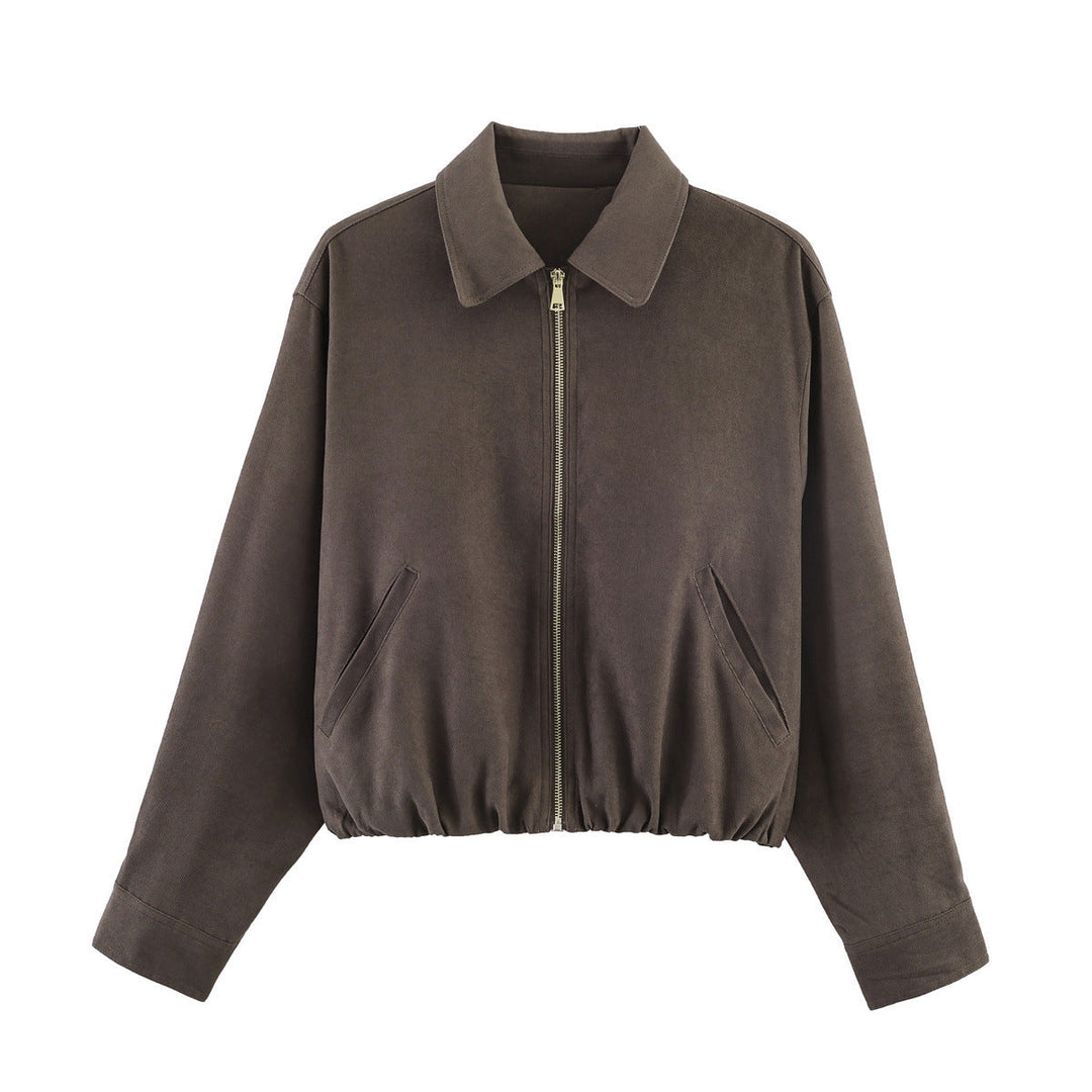 Dam kort skuren mocka look bomber jacka med dragkedja, elastic fåll och diagonal sidofickor