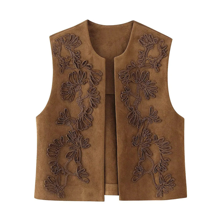 Dam embroidered mocka väst med open skärning, floral appliqué och figurnära silhuett