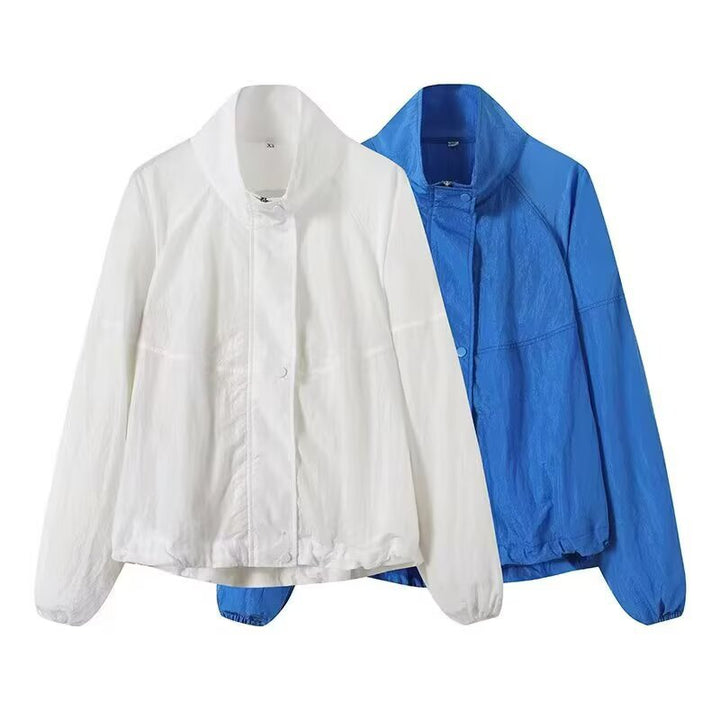 Dam lätt Boxy Windbreaker jacka med ståkrage, dold Snap knappslå, och Elastic fåll
