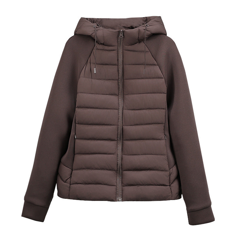 Dam nano kviltad hybrid jacka med huva, softshell ärmar och lätt värmeisolering