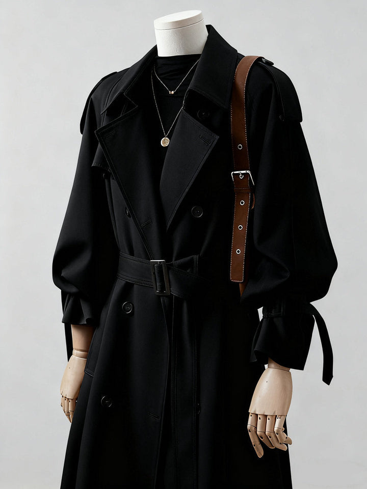 Dam lång double-breasted trenchcoat med shoulder flaps och midjebälte