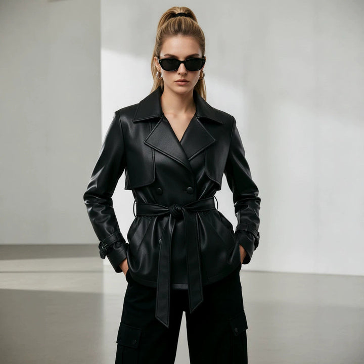 Dam Elegant Jacka i Konstläder med Belt