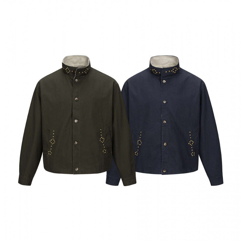 Herr kort skärning boxig canvas jacka med studded detalj och ståkrage