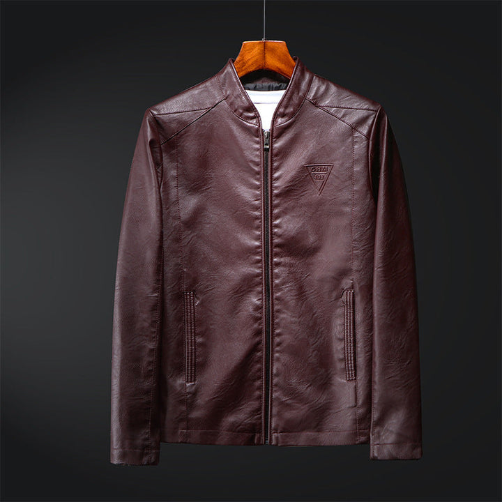 Herr Konstläder Blouson i Smal Passform med Fin Texture, Stående Krage och Dold Dragkedja