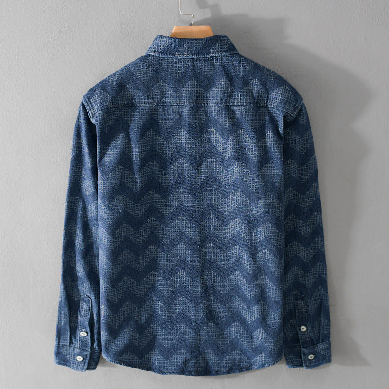 Herr Indigo-Structure Overshirt Tillverkad av Washed Denim med Zigzag Jacquard, Kent Krage och Bröstficka