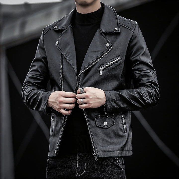 Herr Smal Passform Konstläder Moto Jacka med Quiltad Axel och Ärm Detalj