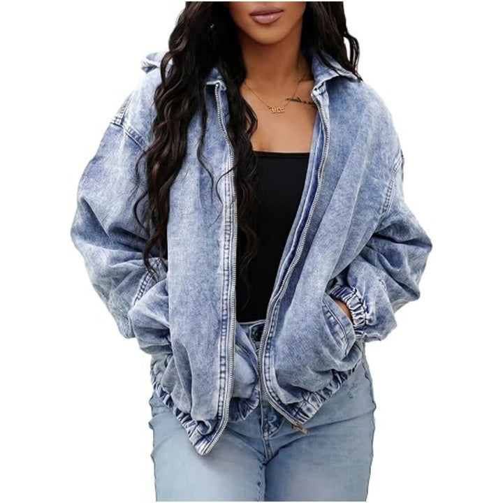 Dam oversize denimjacka med huva, dragkedja och Vintage tvätta