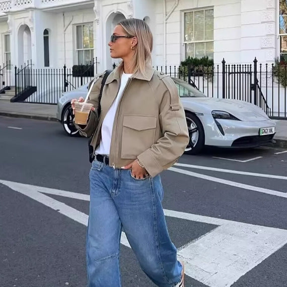 Dam kort utility blousonjacka med patch flap fickor och epaulettes