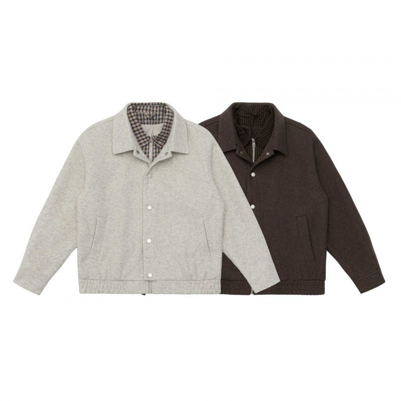 Herr short-cut ullblandning fältjacka med plaid innerfoder och tryckknapp knäppslå