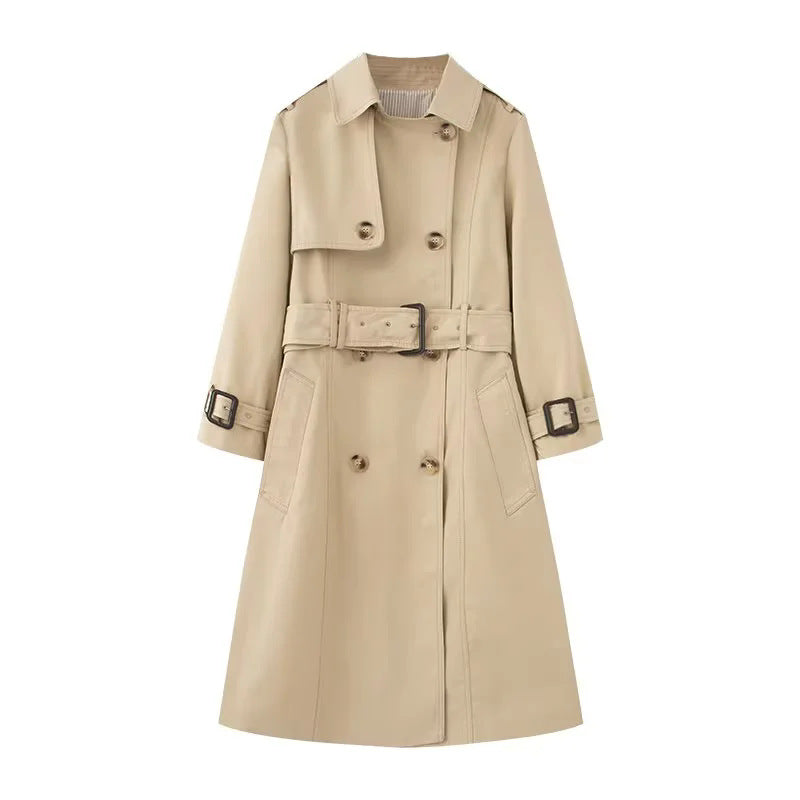 Dam figursydd trenchcoat med double-breasted knäppning, tie bälte och axel patches