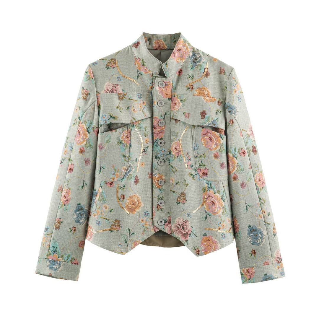 Dam broderad Jacquard kort jacka med Mandarin krage och Flap fickor
