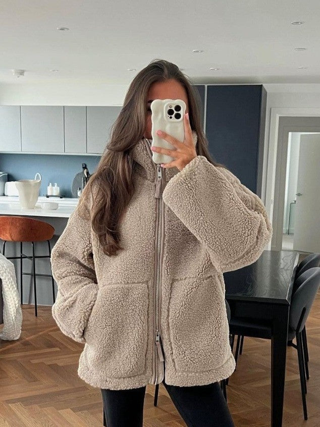 Dam oversize teddy-fleecejacka med dragkedja och ståkrage