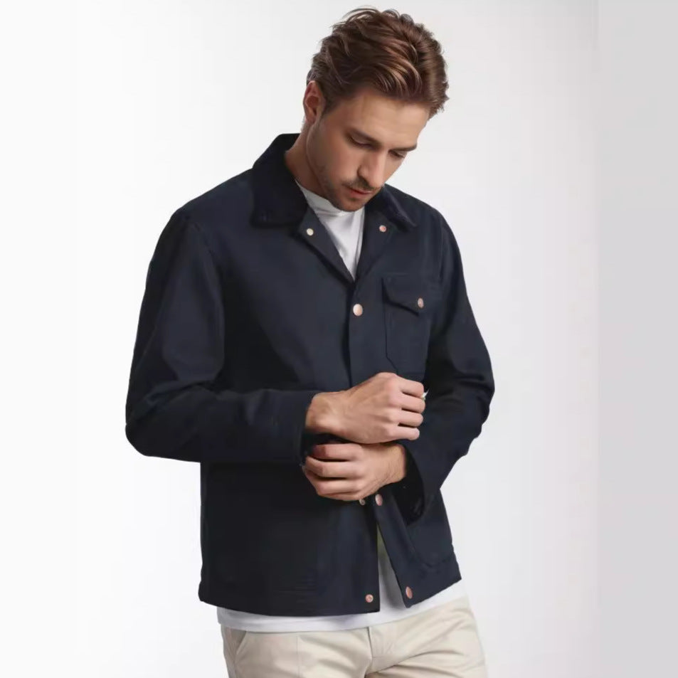 Herr robust canvas chore jacka med cord krage och applicerade utanpåfickor