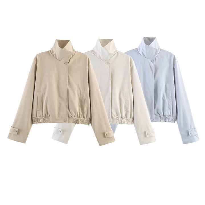 Dam kort skärning boxy blouse jacka med hög ståkrage, snap knappslå, och elastic fåll