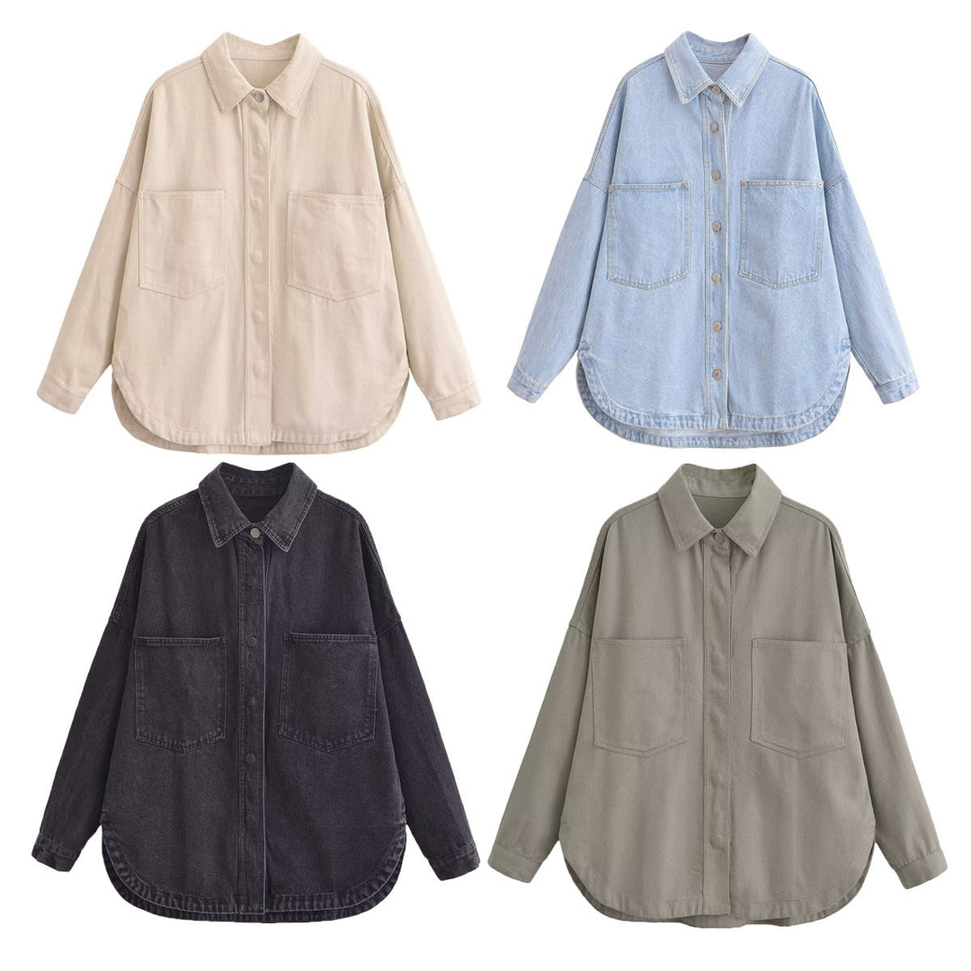 Dam Oversize Jeans Skjortjacka med Patch Fickor och Rounded Nederkant