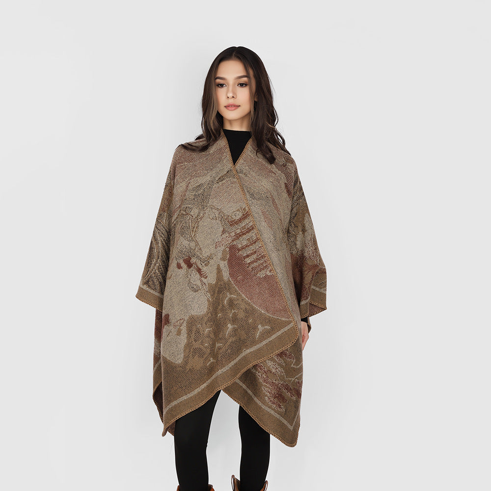 Dam jacquard cape med graphic floral motif och boxy oversized skärning