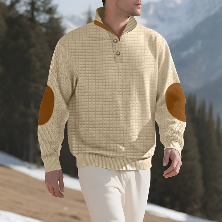 Herr Plaid Quiltad College-Tröja med Henley Slå, Hög Ståkrage, och Velour Elbow Lappar