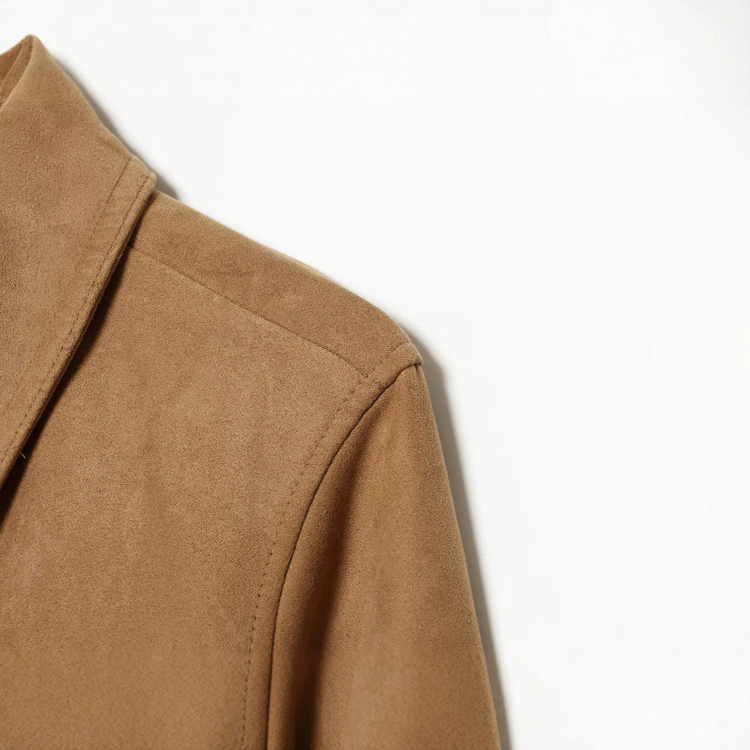 Dam Kort Suede Läder Blouson i Boxig Skärning med Skjort Krage, Lock Fickor och Wide Ribbed Cuff