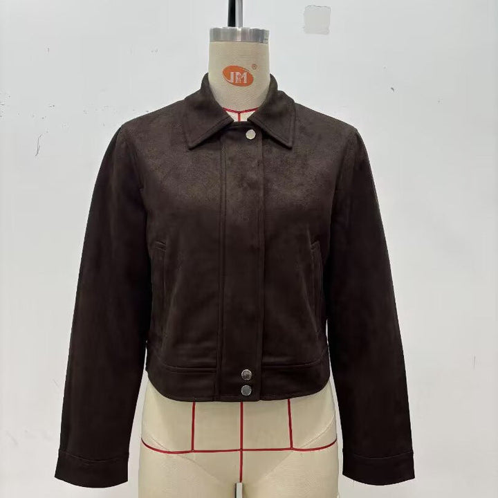Dam 30+ Kort Skärning Velvet Jacka i Blouson Stil med Skjort Krage och Dold Tryckknapp Knapp Knäppning