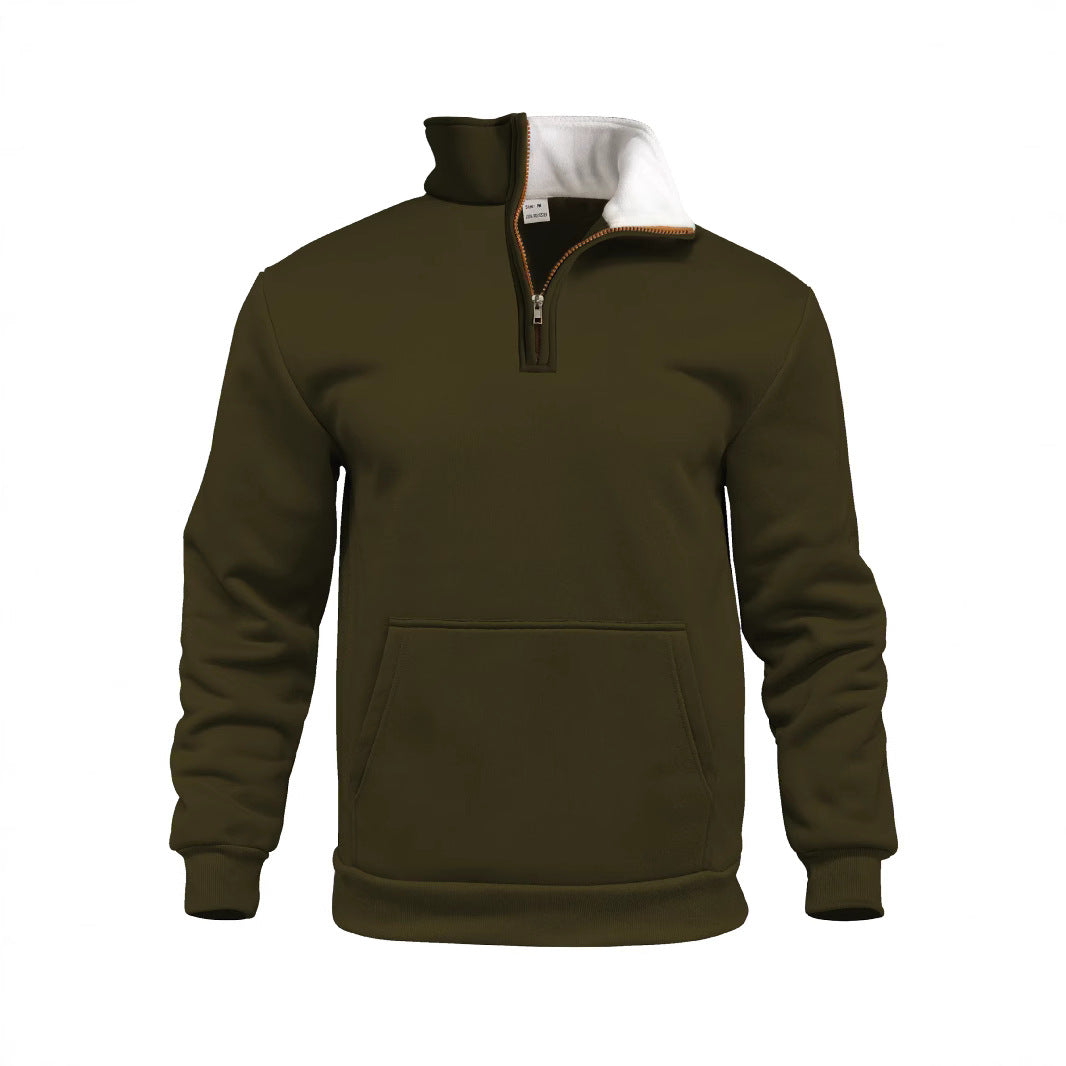 Herr Comfort Halv Dragkedja Sweat med Hög Fleece Krage, Känguruficka och Shape-Stable Ribbad Fåll
