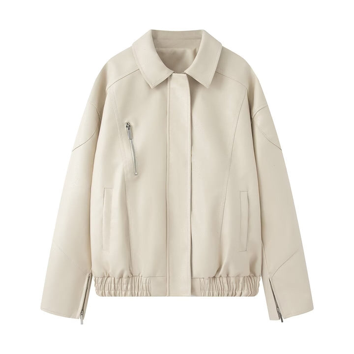 Dam Oversized Konstläder Blouson med Elastic Fåll, Slanted Dragkedja Bröstficka och Dragkedja Ärmar