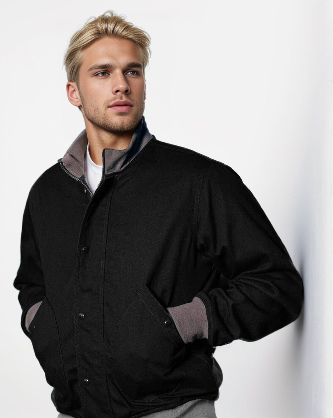 Herr Short Jacka med Stående Krage, Dold Press Stud Knapplist och Ribbad Muddar