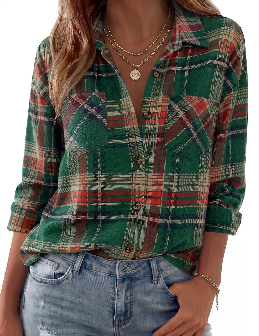 Dam Rutig Oversized Flanell Skjorta Jacka med Bröst Fickor