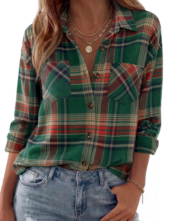 Dam Rutig Oversized Flanell Skjorta Jacka med Bröst Fickor
