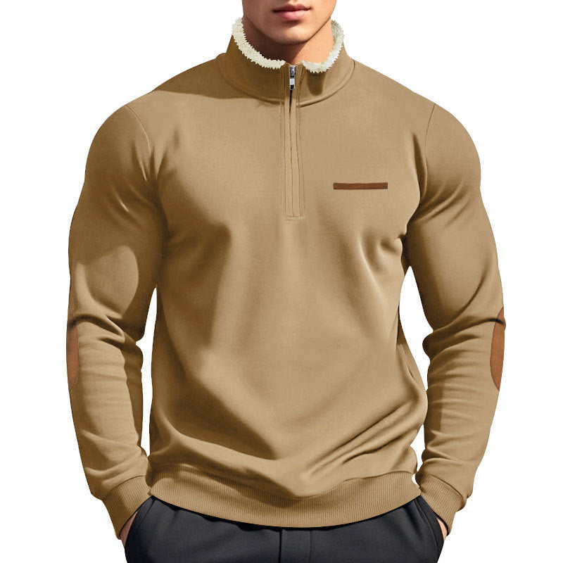 Herr Halv Dragkedja Troyer med Teddy Fleece Krage och Läder Elbow Lappar
