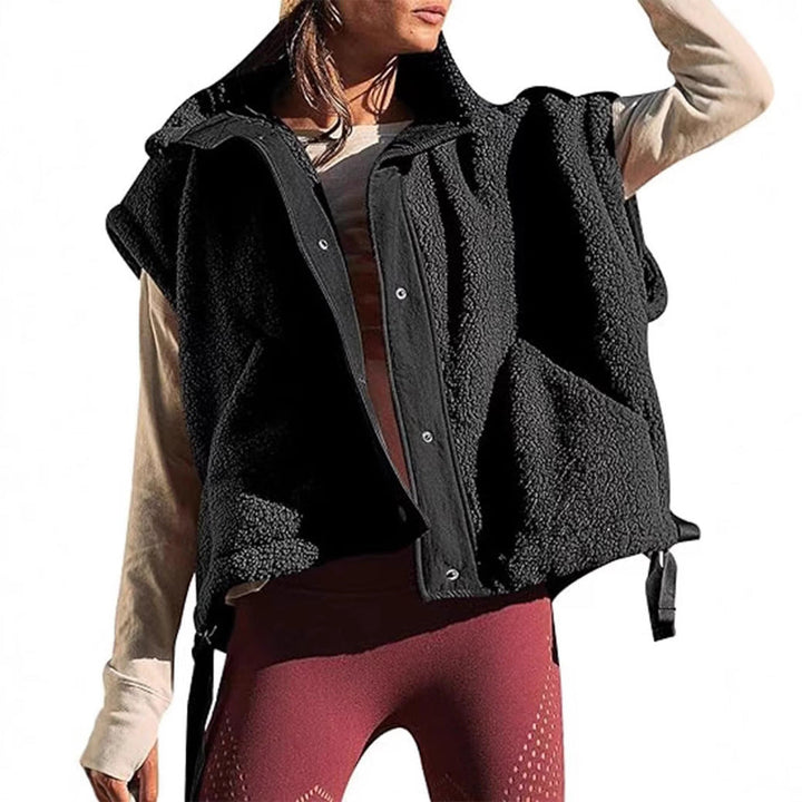 Dam oversize teddy fleece väst med huva och tryckknappar