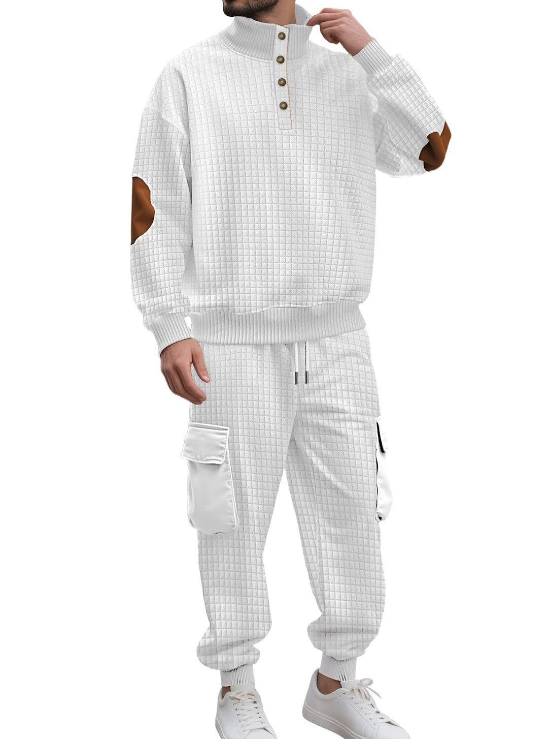 Herr Check Relief Sweat Set med Ståkrage Knapplist, Velour Elbow Lappar och Cargo Jogger