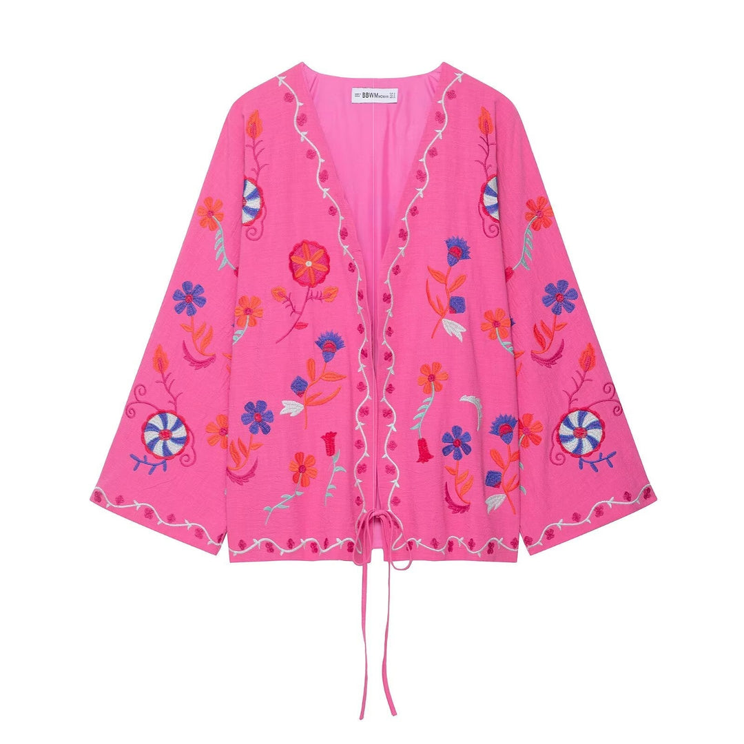 Dam Embroidered Kimono Jacka med Tie Belt och Blommig Application