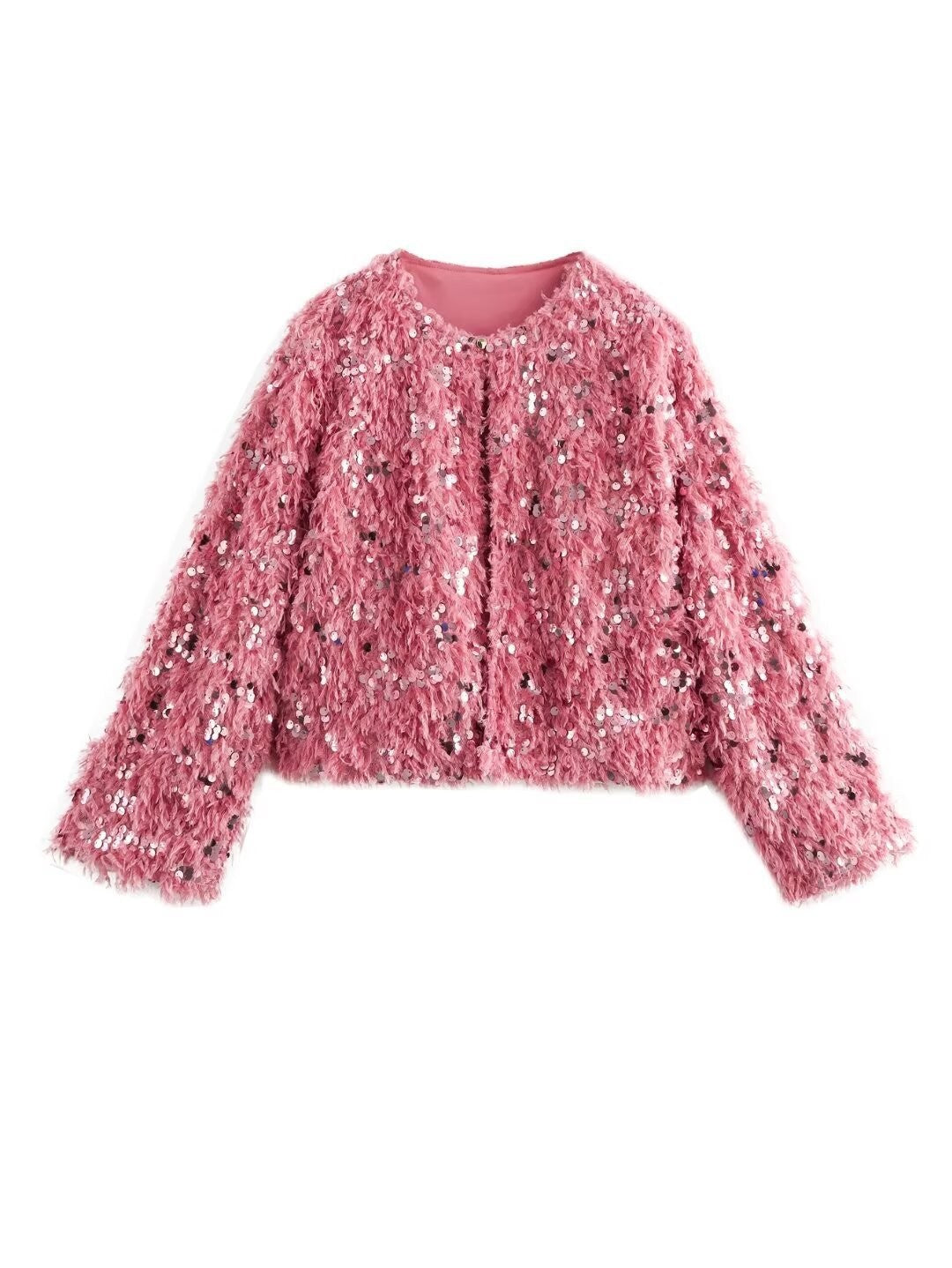 Dam Kort Jacka Gjord av Fluffy Konstpäls med Sequin Kant