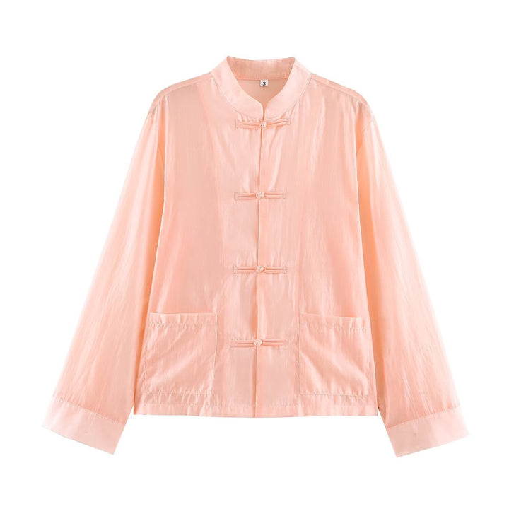 Dam Lätt Chinese-Inspired Oversize Jacka med Mandarin Krage och Knot Closures
