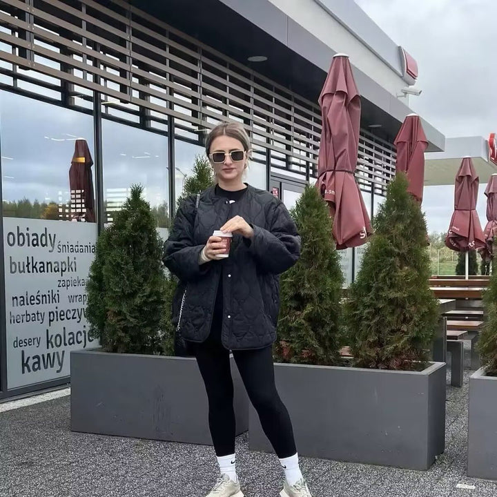 Dam Lightly kviltad oversize jacka med Round Neck, Snap knappslå och sidofickor