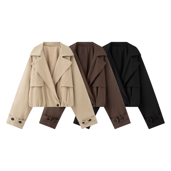 Dam Kort Trench-Stil Blouson med Dold Knapp Knäppning och Drawstring Nederkant