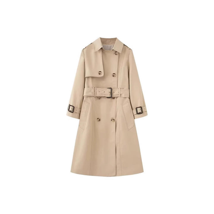 Dam Longer Skräddarsydd Trenchcoat med Dubbel-Breasted Knapplist, Midjebälte, och Ärm Tab