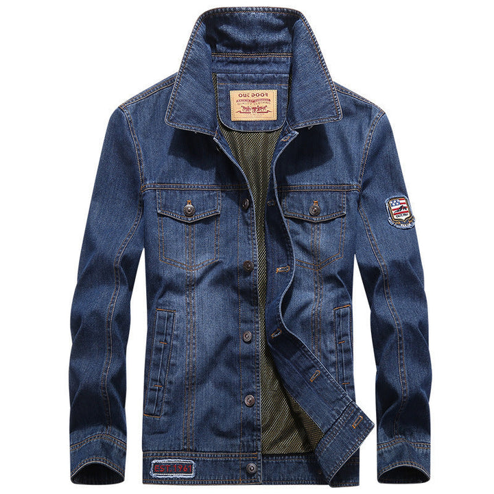 Herr Lätt Jeansjacka i Worker Blouson Stil med Andningsbar Mesh Foder och Ärm Patch