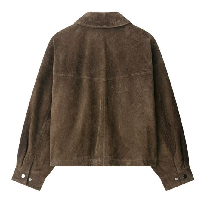 Dam 100+ Kort Velour Läder Blouson Jacka med Lock Fickor och Tryckknapp Knapp Stängning