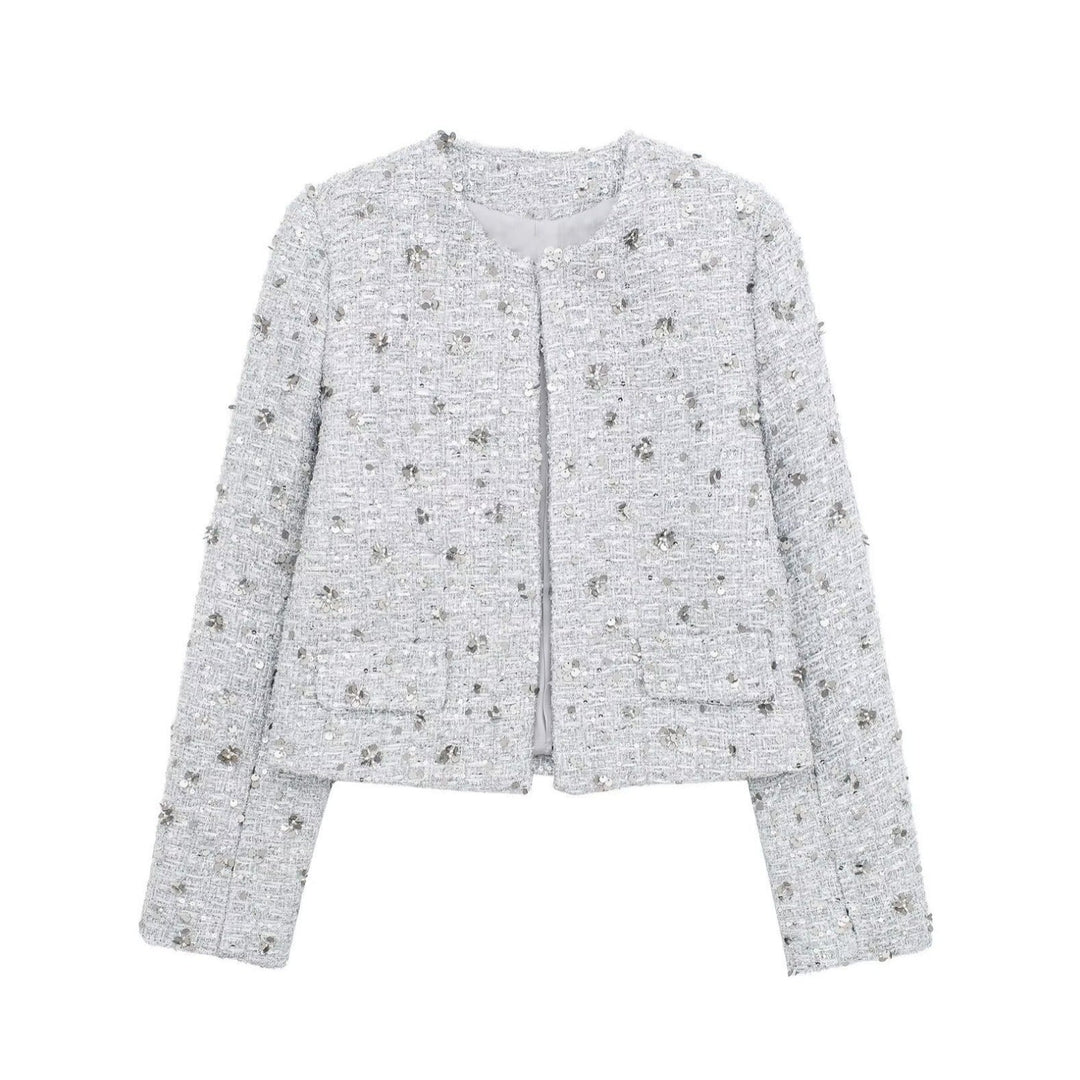 Dam kort-skärning Boucle Tweed jacka med floral sequin appliqué och öppen front